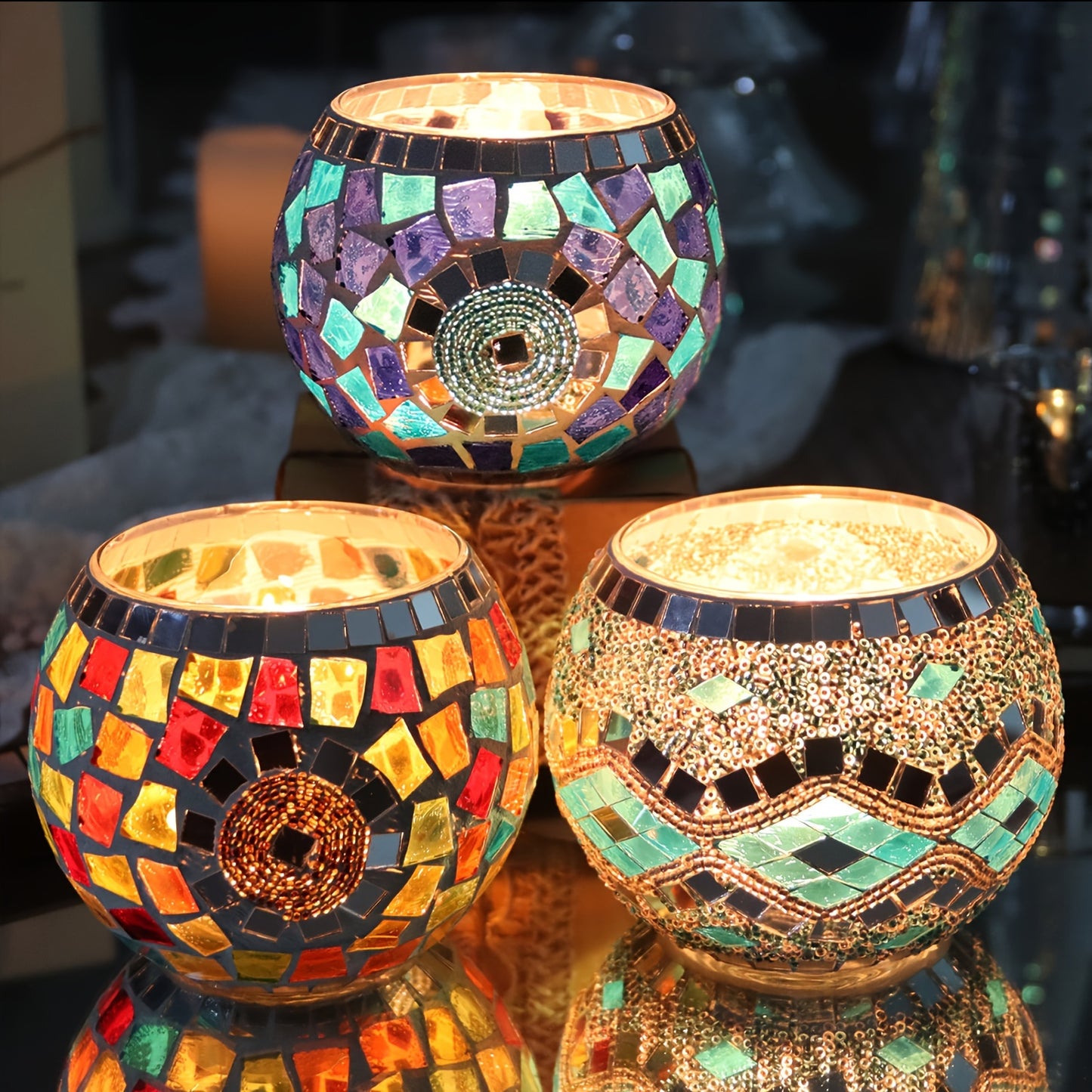 L&B® Mosaic Glass Candle Holders -  Set of 3